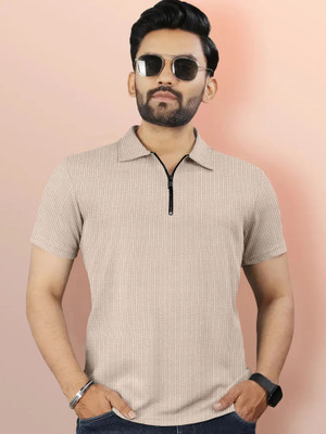 MENTIFIC Solid Men Polo Neck Beige T-Shirt