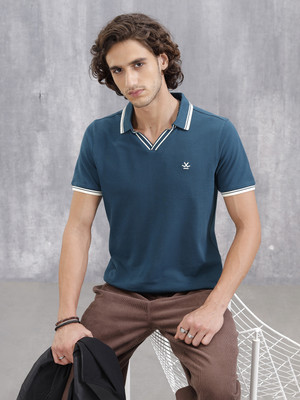 WROGN Solid Men Polo Neck Blue T-Shirt