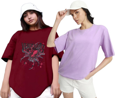 Xsware Printed Women Round Neck Maroon, Purple T-Shirt