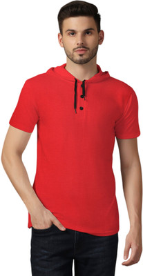 GEUM Solid Men Hooded Neck Red T-Shirt