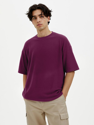 Glitchez Solid Men Round Neck Purple T-Shirt
