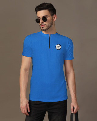 Lawful Casual Printed Men Mandarin Collar Blue T-Shirt