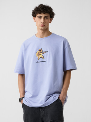 The Souled Store Embroidered Men Round Neck Blue T-Shirt