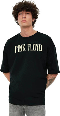 Peach Blossom Printed Men Round Neck Black T-Shirt