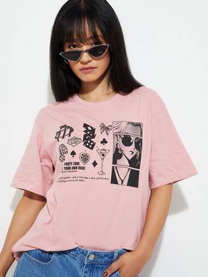 MAX Printed Women Round Neck Pink T-Shirt
