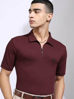 HIGHLANDER Solid Men Polo Neck Maroon T-Shirt