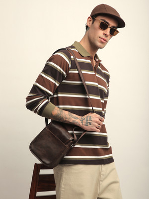 DILLINGER Striped Men Polo Neck Brown T-Shirt