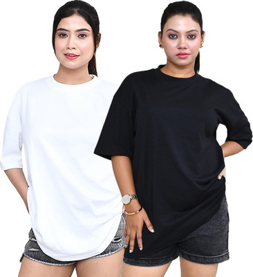 altius Solid Women Round Neck White, Black T-Shirt