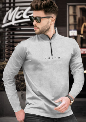 TRIPR Solid Men Henley Neck Grey T-Shirt