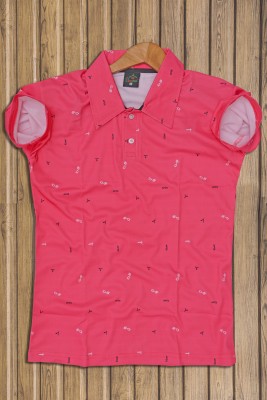 DyrectDeals Printed Men Polo Neck Pink T-Shirt