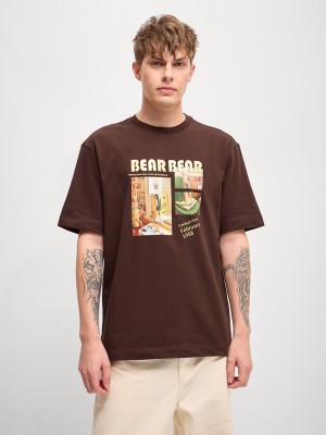 THE BEAR HOUSE Self Design Men Round Neck Brown T-Shirt