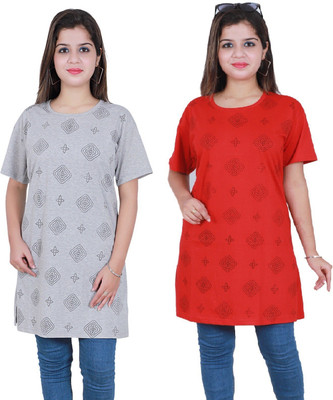 PK Fashion Printed Women Round Neck Red, Grey T-Shirt
