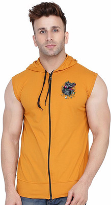 GEUM Graphic Print Men Hooded Neck Gold T-Shirt