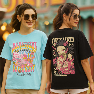 Fabflee Printed Women Round Neck Multicolor T-Shirt