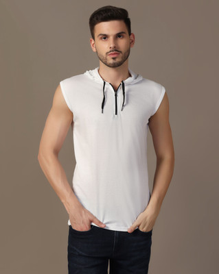 GEUM Solid Men Hooded Neck White T-Shirt