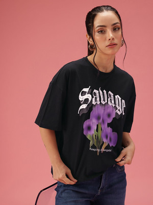 Dressberry Printed Women Round Neck Black T-Shirt