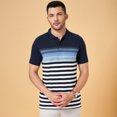 Byford by Pantaloons Striped Men Polo Neck Dark Blue T-Shirt