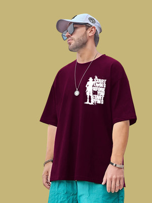 Kasendra Printed Men Round Neck Maroon T-Shirt