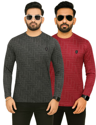 AVOLT Printed Men Round Neck Black, Maroon T-Shirt