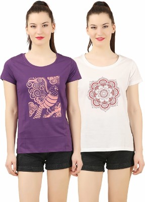 HouseOfCommon Printed Women Round Neck Purple, White T-Shirt