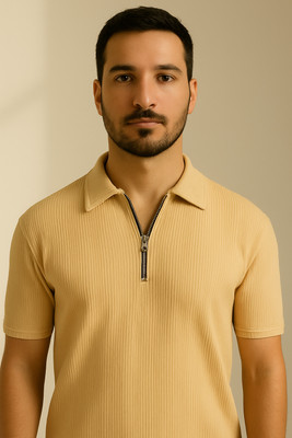 Napp & Co Solid Men Polo Neck Beige T-Shirt