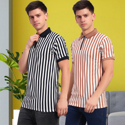 DRESSBASE Striped Men Polo Neck Multicolor T-Shirt