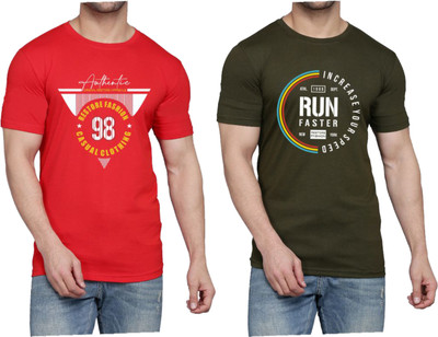 WOOSTRO Printed Men Round Neck Red, Dark Green T-Shirt