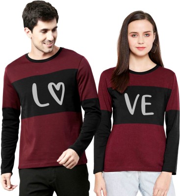 Twinny Zone Solid Couple Round Neck Maroon T-Shirt