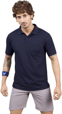 m2hit Solid Men Polo Neck Navy Blue T-Shirt