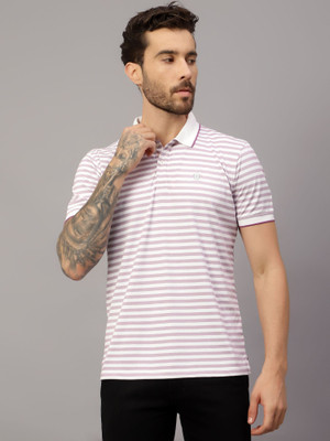 CANTABIL Striped Men Polo Neck Purple T-Shirt