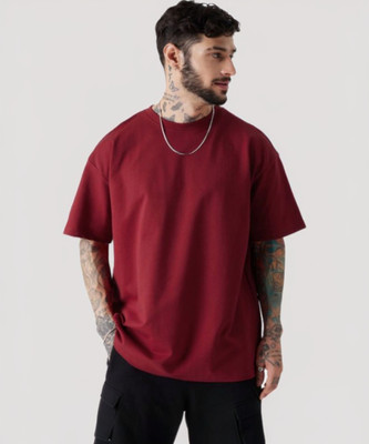 Timyka Solid Men Round Neck Maroon T-Shirt