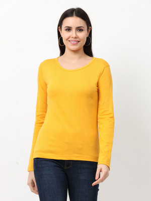Wafaa Solid Women Round Neck Yellow T-Shirt