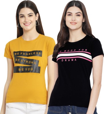 Fabflee Printed Women Round Neck Yellow, Black T-Shirt