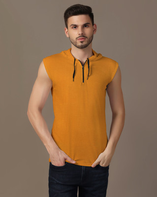 GEUM Solid Men Hooded Neck Gold T-Shirt