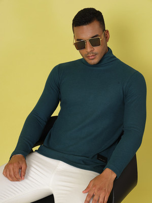 RIGO Solid Men Turtle Neck Green T-Shirt