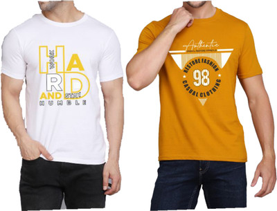WOOSTRO Printed Men Round Neck White, Yellow T-Shirt