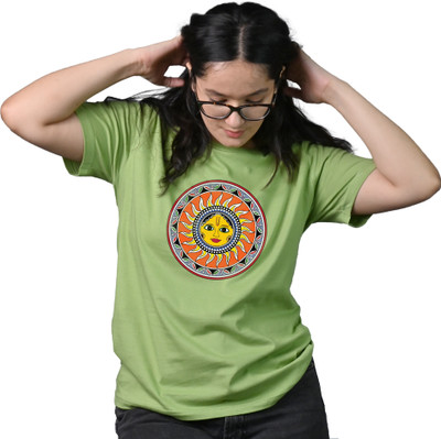 Tedhi Medhi Family Conversational, Printed, Self Design, Graphic Print Women Round Neck Light Green T-Shirt