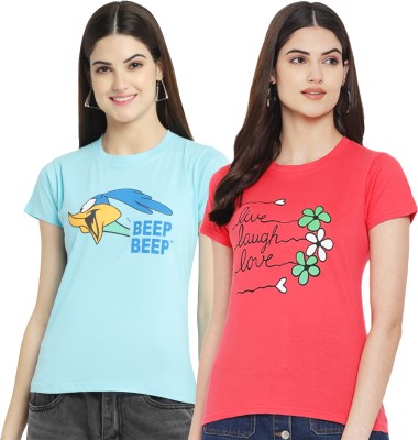 Fabflee Printed Women Round Neck Light Blue, Pink T-Shirt