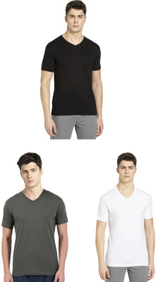 JOCKEY Solid Men V Neck Black, Dark Green, White T-Shirt