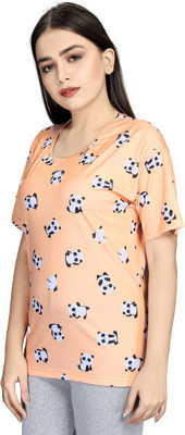 ANFAFAB Printed Women Round Neck Orange T-Shirt