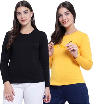 MARIAM ENTERPRISE Solid Women Round Neck Black, Yellow T-Shirt