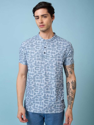 Status Quo Printed Men Henley Neck Blue T-Shirt