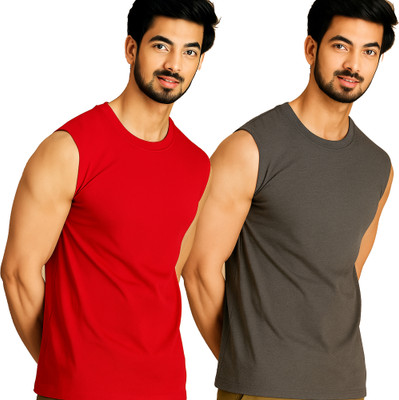 Jangoboy Solid Men Round Neck Red, Grey T-Shirt
