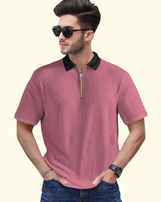 TELOXY Self Design Men Zip Neck Pink T-Shirt