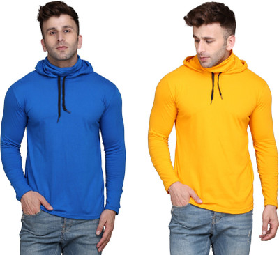 GEUM Solid Men Hooded Neck Blue, Yellow T-Shirt