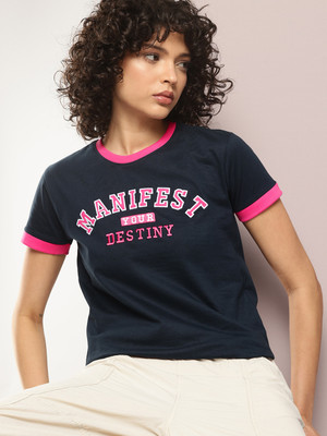 DILLINGER Printed Women Round Neck Navy Blue T-Shirt