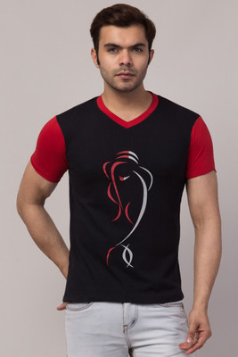 Clothy Trend Printed Men V Neck Black T-Shirt