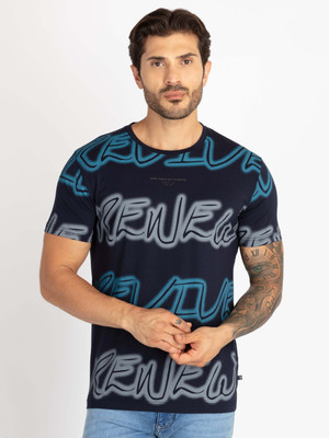Status Quo Typography Men Round Neck Navy Blue T-Shirt