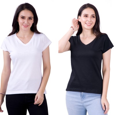 FASHINKS Solid Women V Neck Black, White T-Shirt