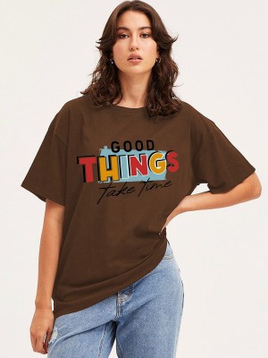 LIME Typography Women Round Neck Brown, Multicolor T-Shirt